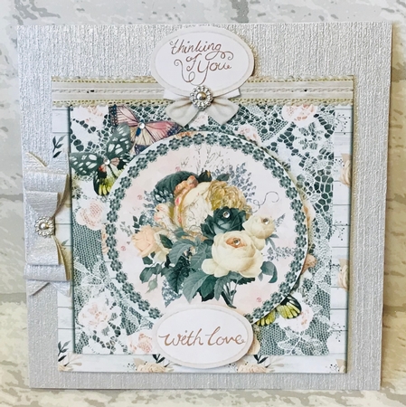 6 x 6 Card Front Peach/Grey Floral/Lace/Butterflies with Toppers and Sentiments by Anita Henery