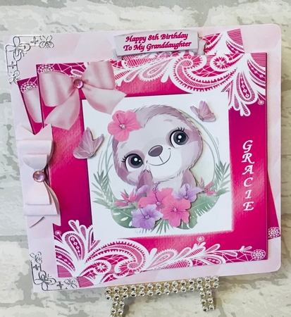 lovely sloth in a pink frame of flowers and ornate lace 8x8 by Anita Henery