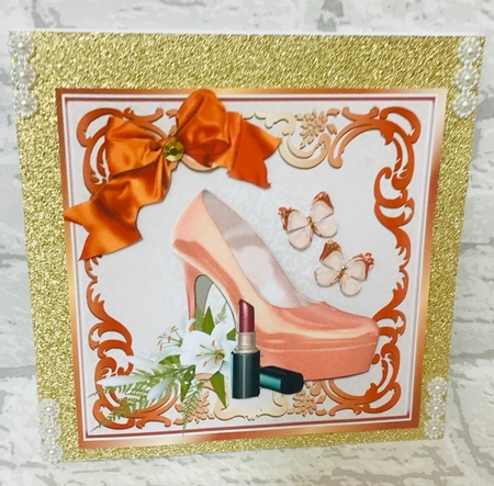 Pretty peach shoe with butterflies and peach bow 8x8 by Anita Henery