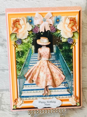 Lady in Peach dress on stairs Single sheet by Anita Henery