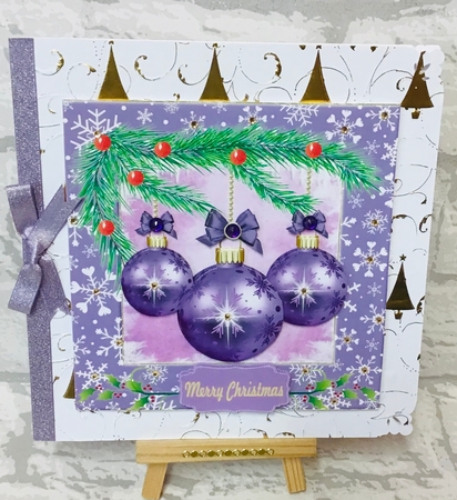 Square purple Christmas bauble card front 1 by Anita Henery