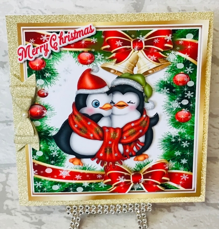 Cute penguins in green festive 8x8 frame with baubles by Anita Henery