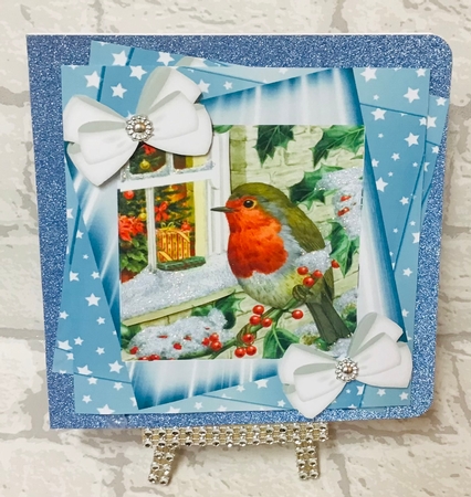 Cute robin with window on a branch  and white bows with blue stars 8x8 by Anita Henery