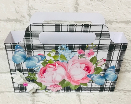 Pretty pink roses and blue butterflies on black check tote bag by Anita Henery