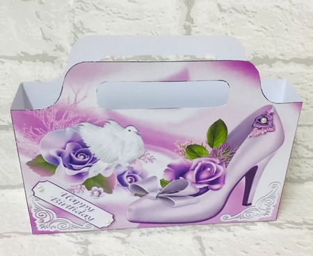 purple roses and pretty shoe with dove tote gift bag by Anita Henery