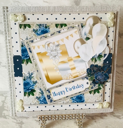 6 x 6 Card Front Gold/White Gift Box & Bag with Toppers and Sentiments Navy/Ivory by Anita Henery