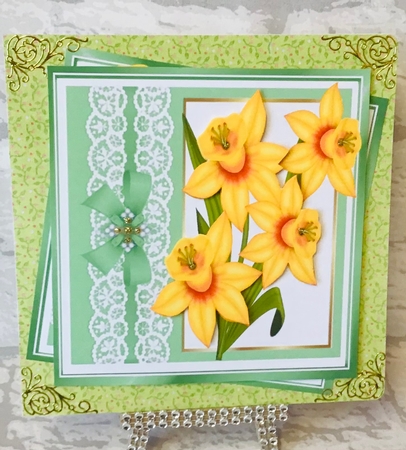  yellow daffodils with lace and bow with window 8x8 card front frame by Anita Henery