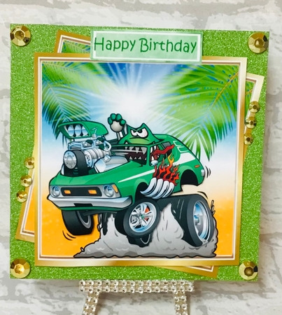 70s green hot rod funny car with palm trees 8x8 by Anita Henery