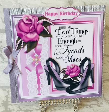 pretty lilac rose, lace bow and shoes 8x8 card front by Anita Henery