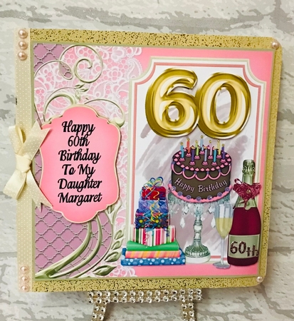 Age 60 Champagne,cake and presents card front by Anita Henery