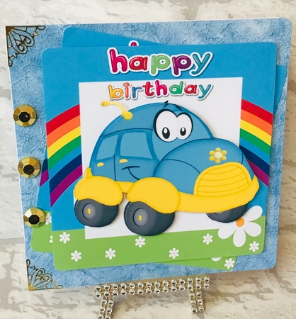 Love toony blue car with rainbow 7x7 by Anita Henery