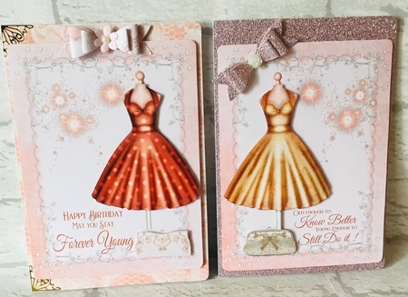 2 Peach ladies dress and handbag card fronts by Anita Henery