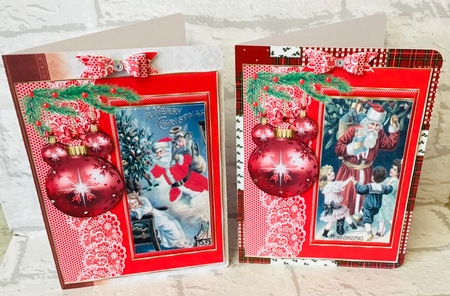 2 Red vintage Santa Claus with bauble side card front/Toppers 4 by Anita Henery
