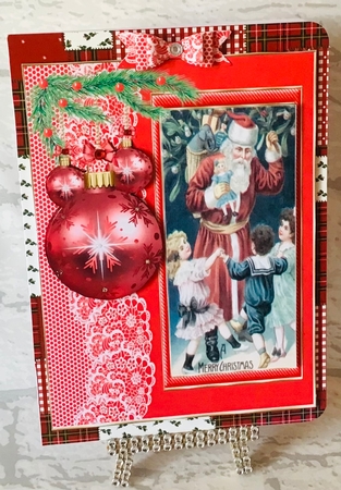 2 Red vintage Santa Claus with bauble side card front/Toppers 4 by Anita Henery