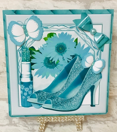 Pretty turq sunflowers and butterflies with shoes 8x8 by Anita Henery