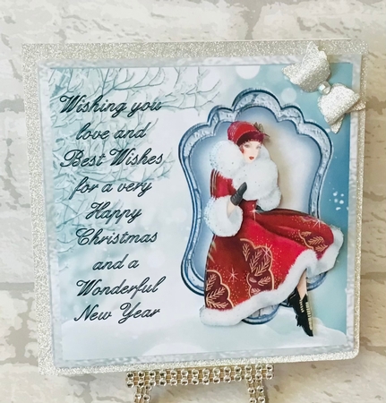 Snow Lady - 6x6 inch card front with decoupage by Anita Henery