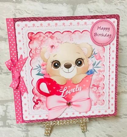 Cute teddy in tea cup with pink polkadot and bow 8x8 by Anita Henery