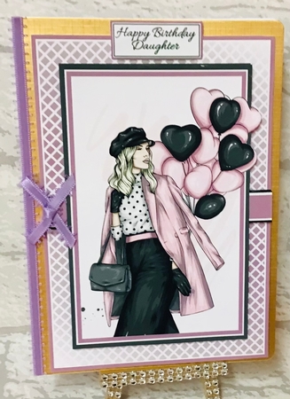 A5 Lady with Purple Balloons Card Front, Ribbon, Topper & Sentiments  by Anita Henery