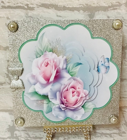 Pink rose and butterfly scallop card by Anita Henery
