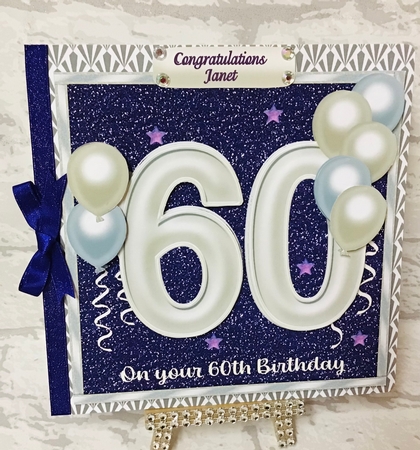 60th birthday card front with large numerals and balloons by Anita Henery