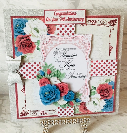 Blue, Red and White Roses 7 x 7 Anniversary Card by Anita Henery