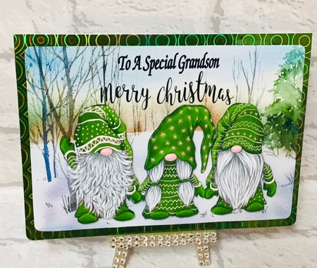  3 Lovely Gnomes in green in snow scene A5 by Anita Henery