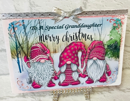 3 Lovely Gnomes in Pink in snow scene A5 by Anita Henery