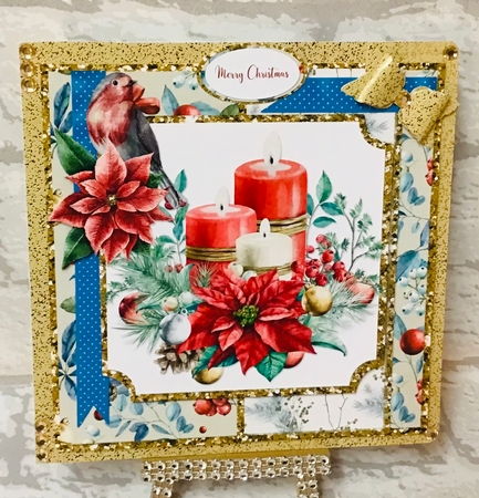 Christmas Cheer 7: Christmas Candles/Poinsettia/Robin 8 x 8 Quick Card Front with Sentiments by Anita Henery
