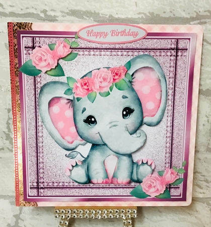 Lovely Stitched Denim Pink Card Front 7x7 With Cute Ele by Anita Henery