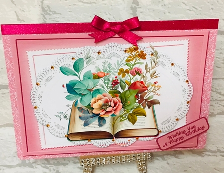 Pretty pink card and insert with book and flowers on lace A5 by Anita Henery