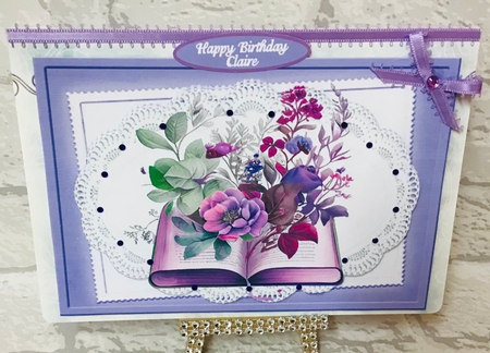 Pretty purple card and insert with book and flowers on lace A5 by Anita Henery