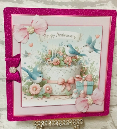 Pretty Anniversary Card With Birds And Pink Bows 8X8 by Anita Henery