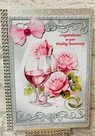 Pretty Silver Scroll Ornate A4 Card Front With Roses & Rings ANNIVERSARY by Anita Henery