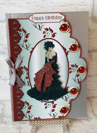 A Vision in Scarlet Scallop Edge Card Front by Anita Henery