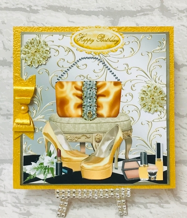 Gold Sparkle Handbag with Shoes and Makeup 8x8 by Anita Henery