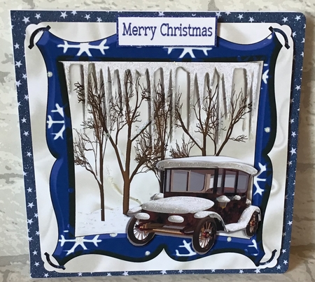 Lovely Snow Scene in Blue Frame with Vintage Car 8x8 by Anita Henery