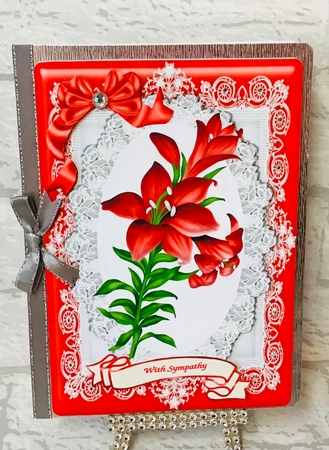 Pretty Red Lily on Lace Wih Bow Card & Topper by Anita Henery