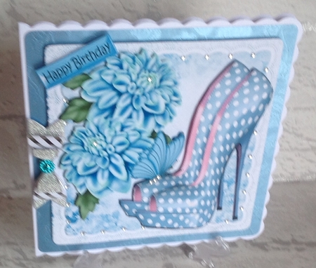 Blue Polka Dot Shoes, with Blue Chrysanthermums on Lace 8x8 by Anita Henery