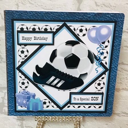 Birthday card with football boots, football, gifts & balloons by Anita Henery