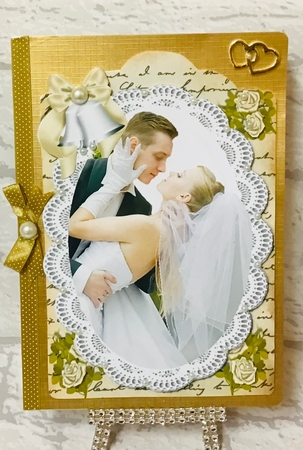 on our wedding day! on lace with gold bells and script by Anita Henery