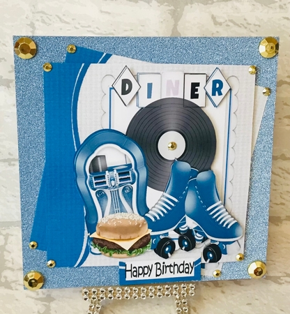 Lets Rock n Roll with blue juke box 8x8 by Anita Henery