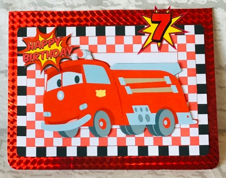 Toony big red fire engine in check frame A5 by Anita Henery