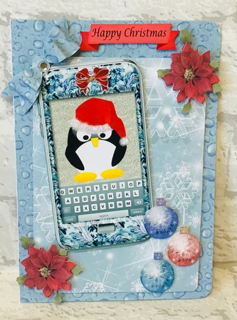 Blue phone with penguin and bow, snowflakes and baubles background by Anita Henery