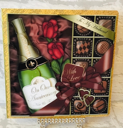 Husband Anniversary Champers Chocs & Roses Scalloped Corner Stacker by Anita Henery
