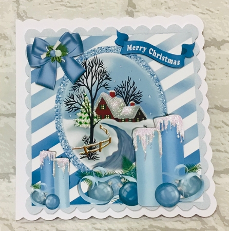 pretty blue candles with bow and cottage with snow 8x8 by Anita Henery