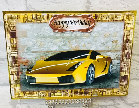 Yellow Sports car decoupage Fathers Day or Birthday by Anita Henery