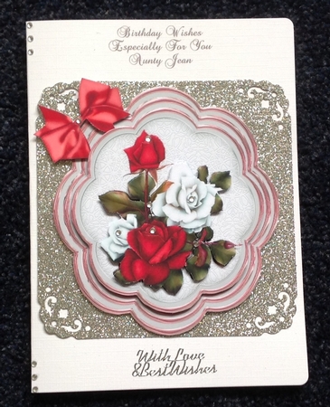 pretty cerise/white roses with bow topper/card fronts by Anita Henery