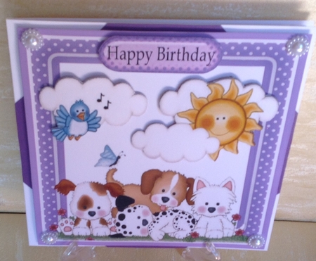 puppy love with little blue bird & purple polkadot frame 8x8 by Anita Henery