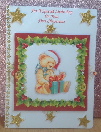 Lovely Vintage teddy with presents in holly frame 8x8 by Anita Henery