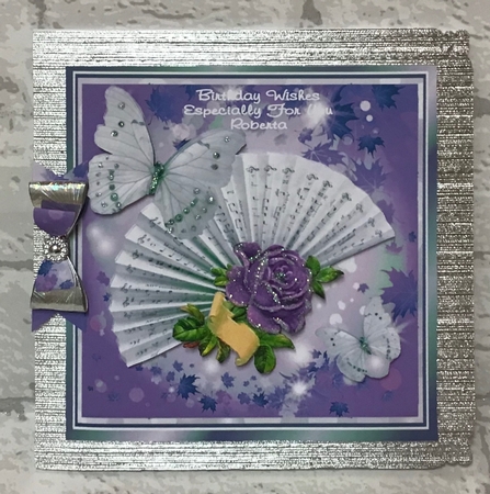 Pretty purple vintage rose & scroll on a fan with script & butterflies 8x8 by Anita Henery